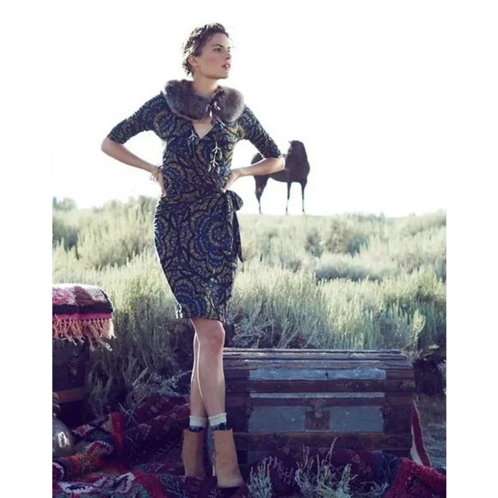 Anthropologie Vanessa Virginia Lena Faux Wrap Printed V-Neck Half Sleeve Dress